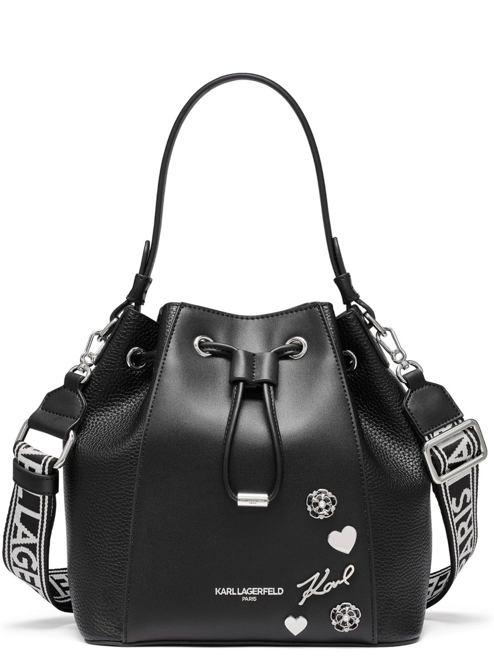 Karl Lagerfeld Black Leather Bucket Bag with Logo Strap